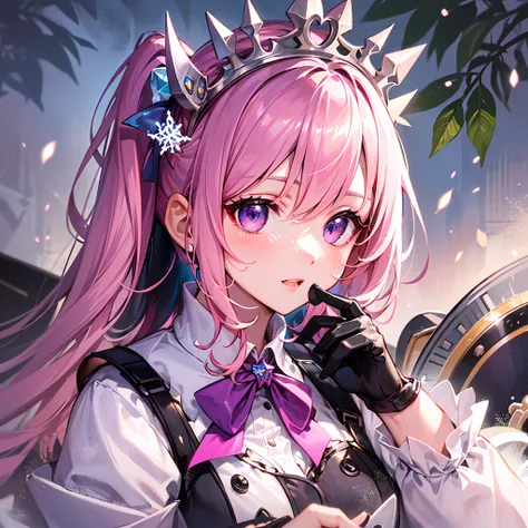 Girl, (light pink hair)), purple eyes, (snowflake tiara), pink long dress, (side ponytail) focused eyes, highest quality, attention to detail.