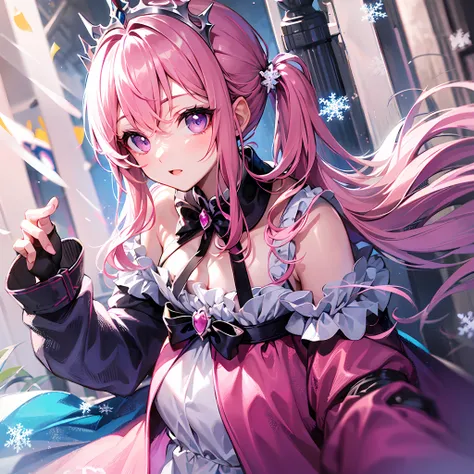 Girl, (light pink hair)), purple eyes, (snowflake tiara), pink long dress, (side ponytail) focused eyes, highest quality, attention to detail.