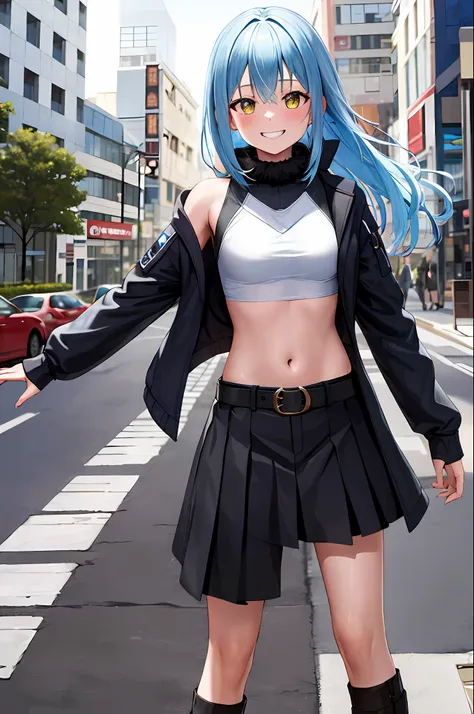 masterpiece, best quality, highres, rimuru tempest, blue hair, long hair, medium breasts, jacket, crop top, bare shoulder, show ...