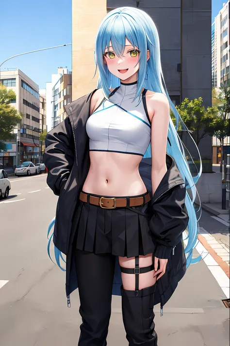 masterpiece, best quality, highres, rimuru tempest, blue hair, long hair, medium breasts, jacket, modern crop top, bare shoulder...