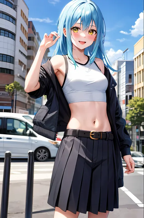 masterpiece, best quality, highres, rimuru tempest, blue hair, long hair, medium breasts, jacket, modern crop top, bare shoulder...