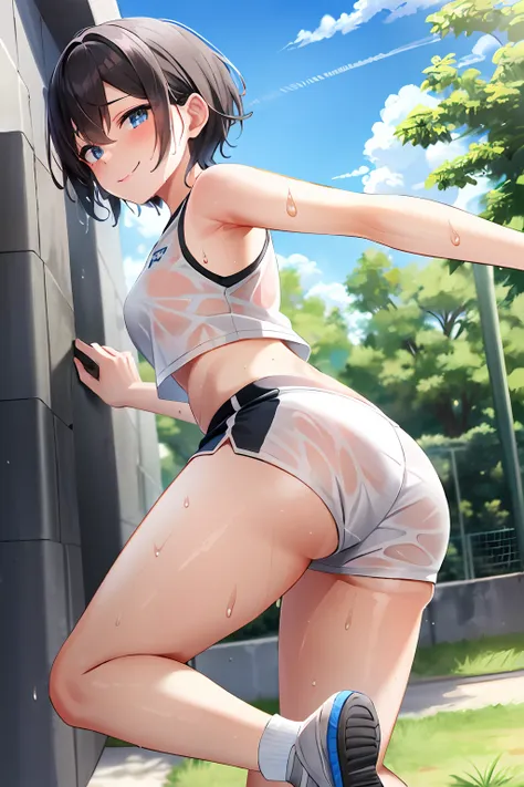 masterpiece, sweat, soaked, black hair, short hair, blue eyes, best quality, hi-res, solo, short hair,look at viewer, wicked smile, ass facing you, running action and elegance, white gymnastics shorts, white hot pants, wet pants, white running shirt, wet s...