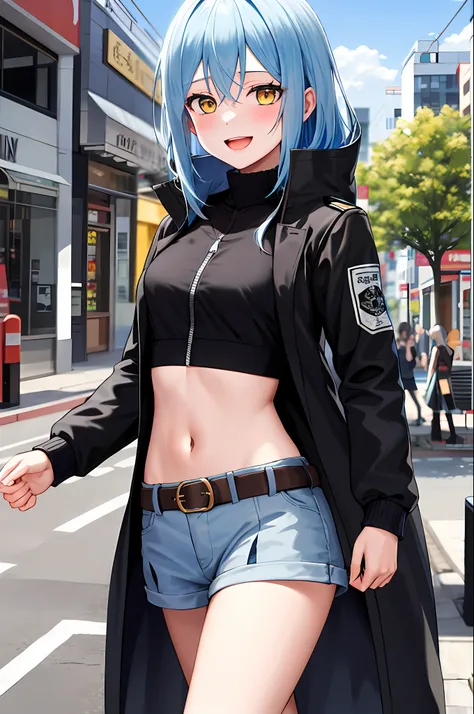 masterpiece, best quality, highres, rimuru tempest, blue hair, long hair, medium breasts, black jacket, modern crop top, v neck ...