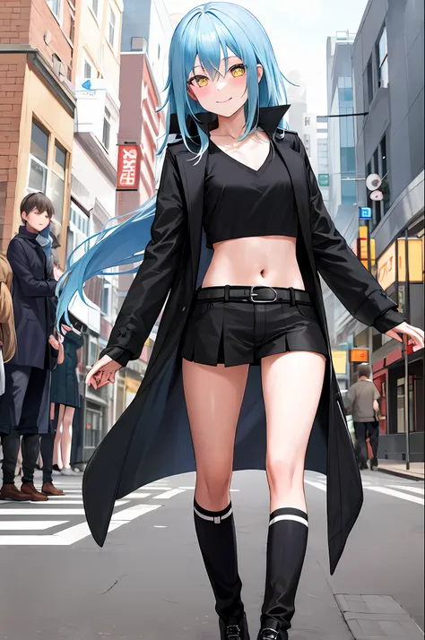 masterpiece, best quality, highres, rimuru tempest, blue hair, long hair, medium breasts, black jacket, modern crop top, v neck ...