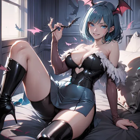 Masterpiece, Best Quality, Hi-Res, 1girl, Blue Shirt, Bat Feathers, Black Hair, Short Hair, Blue Eyes, Evil Smile, Evil Smile, Light Blue Mini Skirt, Black Boots