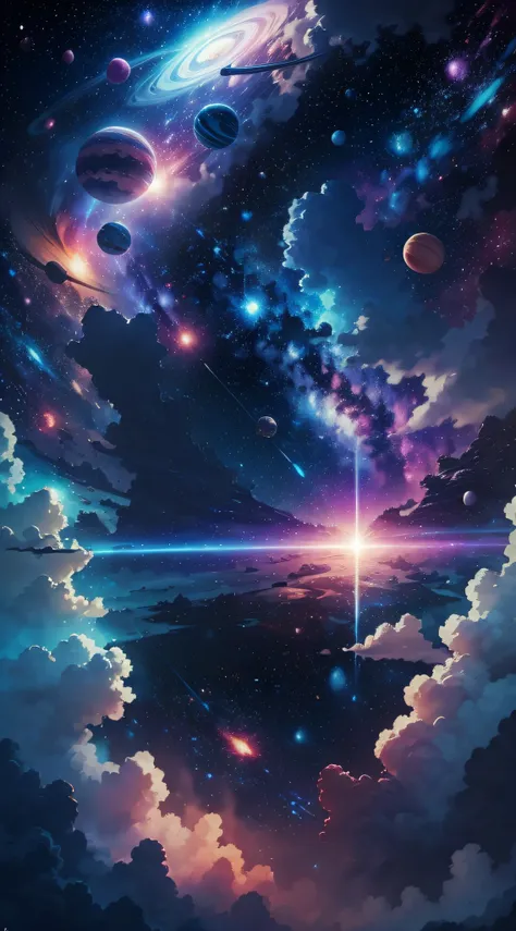 space with all planets blue and pink color with background of bright white stars in the style of miyazaki, —air 21:9, quality 4k