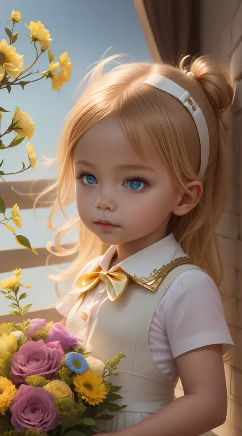 4k hd, gold with white collar clothes, little girl, front photo, phone holding a bouquet of flowers (beautiful eyes)