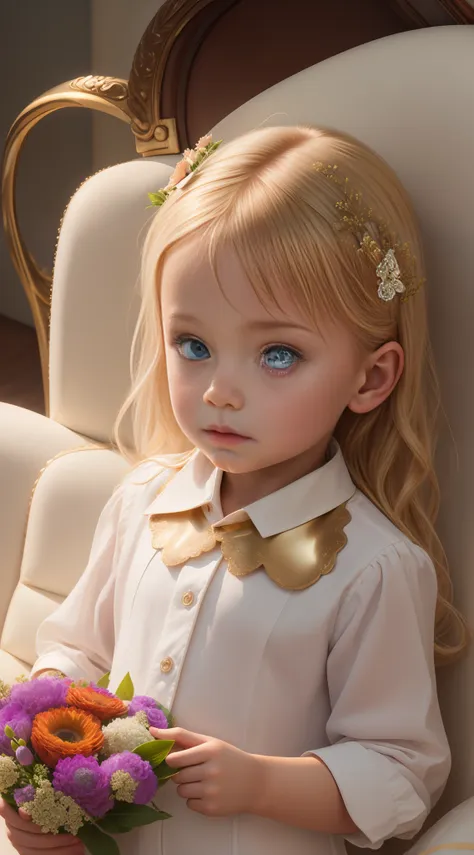 4k hd, gold with white collar clothes, little girl, front photo, phone holding a bouquet of flowers (beautiful eyes)