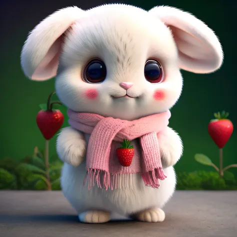 : 3。 Rabbit, realistic, furry animal, apple, dark circles, blush, cherry, food, fruit, full body, scarf, non-human, strawberry, tomato, watermelon