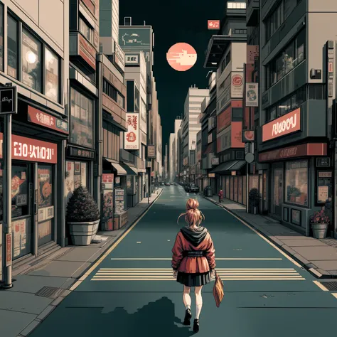 an tough looking anime woman in a red jacket watching the sunset near a crosswalk in the middle of shibuya, 3 0 4 0 x 1 4 4 0 pixel art, 3 0 4 0 x 1 4 4 0, 32-bit pixel art, pixelated art, colorful detailed pixel art, carefully detailed anime pixel art, or...