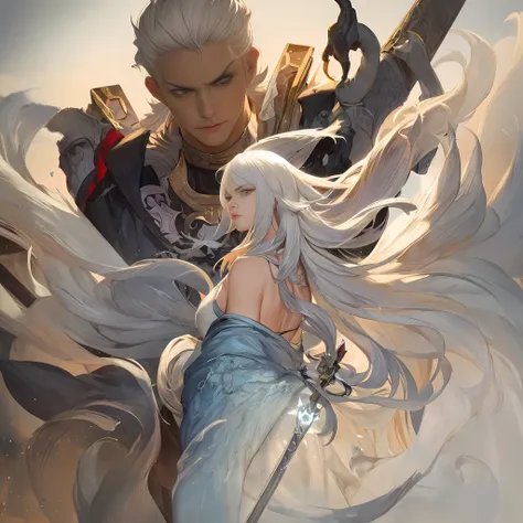 a close up of a person with white hair and a sword, white haired deity, with white long hair, with long white hair, artwork in t...