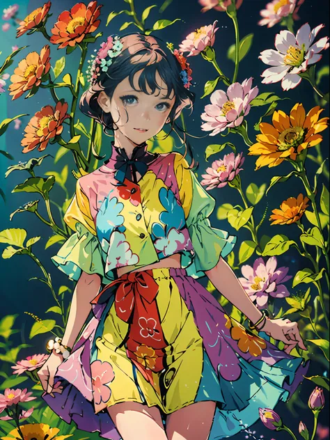 a girl dressed in a vibrant and colorful outfit, wearing a pleated skirt that sways with every step she takes. the artwork showc...