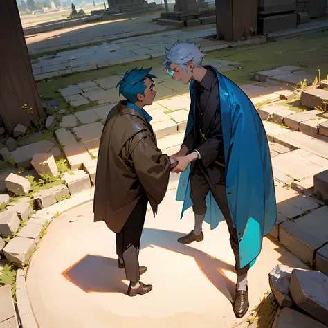 an old man receives a young man in the square with blue hair to take an assessment in ancient times --auto