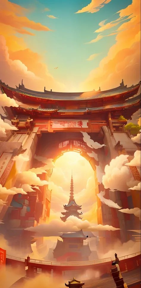 HD, looking up, in the middle of the picture is a Chinese-style building with an open door, cloud, Tang Dynasty architecture