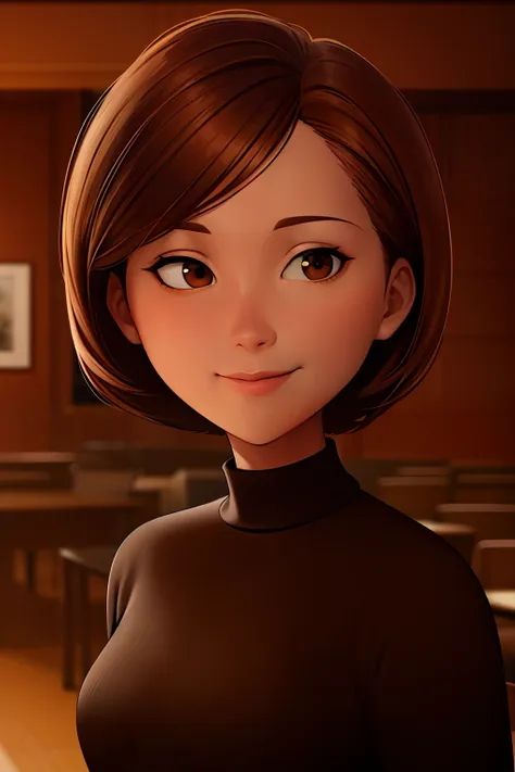 helen parr, masterpiece, best quality, solo, brown hair, brown eyes, turtleneck, sweater, smile, short hair, turtleneck sweater,...