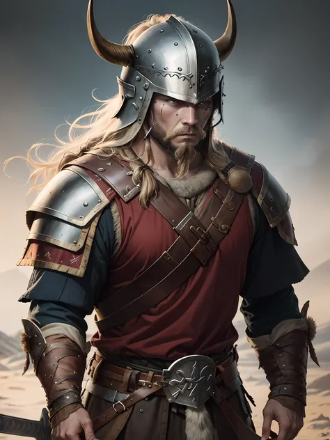 portrait warrior man ((viking))on the battlefield, wearing viking armor, (( detailed helmet)))the detailed face,(sword in hand )...