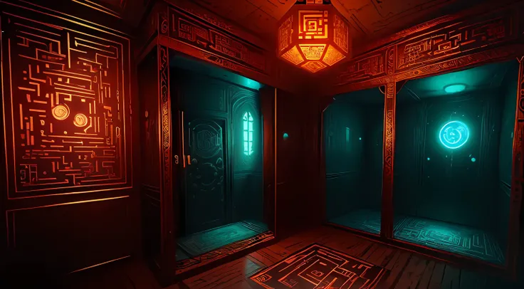 square indoor space, secret room, immersive indoor horror theme, blood, escape room, holographic, projection, led, maze, digital...