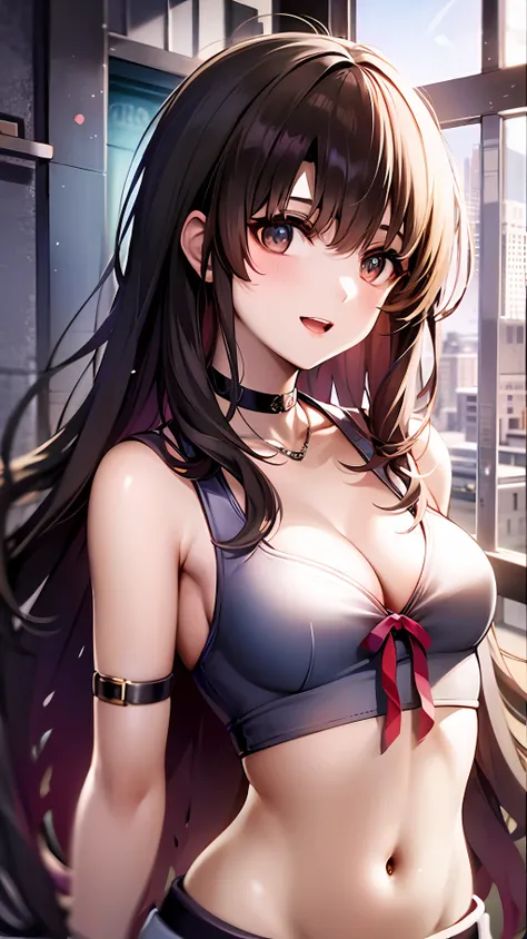 masterpiece, highres, best quality, 1girl, solo, long hair, looking at viewer, smile, open mouth, navel, cleavage, jewelry, medium breasts, choker, midriff, necklace, bracelet, crop top,