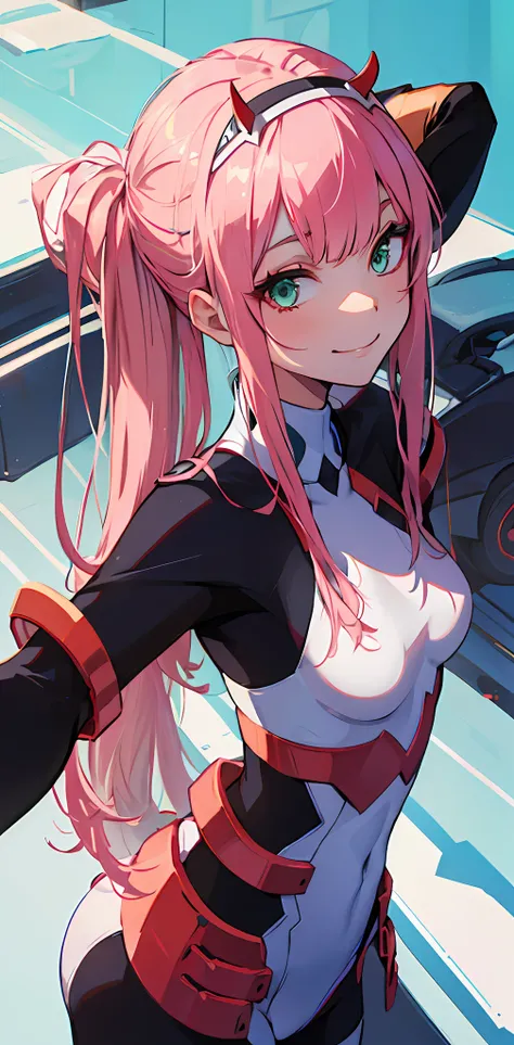 zero two (darling in franxx), darling in franxx, 1girl, side, fringe, selfie, smiling, shadow, green eyes, hair behind head, horns, long hair, makeup, small breasts, pilot suit, white bodysuit, pink hair, red eyeshadow, science fiction, tight skin, solo