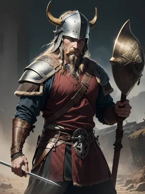 1 warrior man ((medieval)) ((viking))on the battlefield, wearing viking armor, (( detailed helmet)))the detailed face,(one spear...