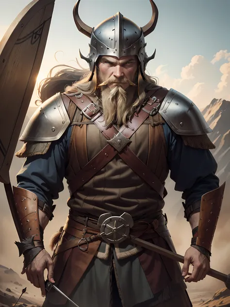 1 warrior man ((medieval)) ((viking))on the battlefield, wearing viking armor, (( detailed helmet)))the detailed face,(one spear...