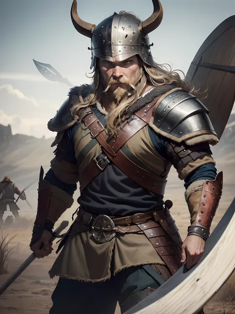 1 warrior man ((medieval)) ((viking))on the battlefield, wearing viking armor, (( detailed helmet)))the detailed face,(one spear...