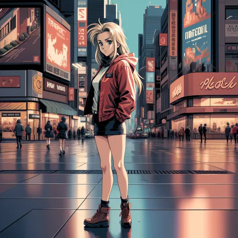 A mature-looking anime woman in a red jacket watching the moonlight reflecting off the concrete near the crosswalk at the Shibuya intersection, 3 0 4 0 x 1 4 4 0 pixel art, 3 0 4 0 x 1 4 4 0, 32-bit pixel art, pixelated art, colorful detailed pixel art, c...