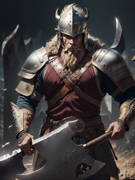 1 man ((african)) warrior ((viking))(beard on the battlefield, wearing viking armor, muscular (((detailed helmet)) ((large axe i...