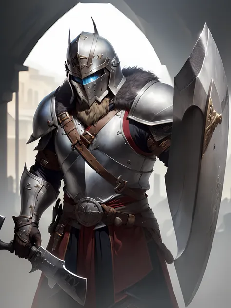 1 man ((african)) warrior ((knight templar ))(beard on the battlefield, wearing viking armor, muscular (((detailed helmet)) ((la...