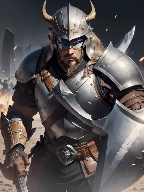 1 man ((african)) warrior ((knight templar ))(beard on the battlefield, wearing viking armor, muscular (((detailed helmet)) ((la...