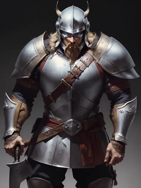 1 man ((african)) warrior ((knight templar ))(beard on the battlefield, wearing viking armor, muscular (((detailed helmet)) ((la...