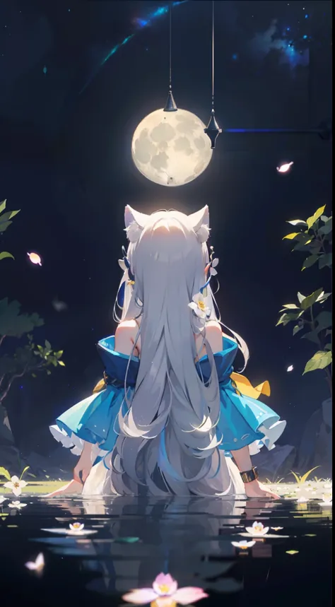 Extensive landscape photo , (above and below looking down), girl standing in flower field looking up, (full moon:1.2), ( shooting stars:0.9), (nebula:1.3), starry sky, white flower field, flower field shining, fantastic flower field, tree , (warm light sou...