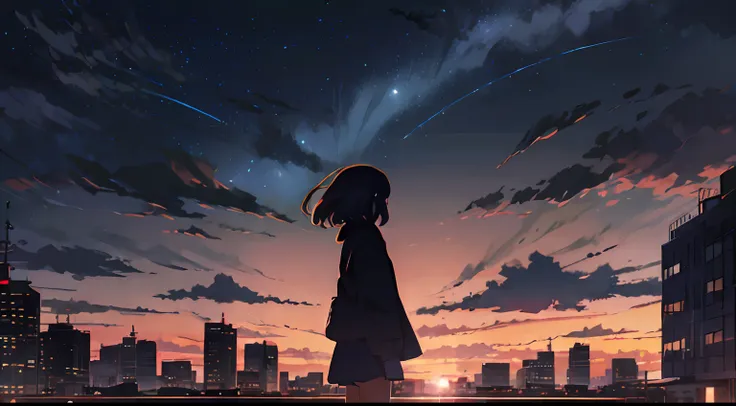 anime,silhouette,1girl, star (sky), cloud, cityscape, building, city, outdoors, skyscraper, city lights, night, night sky, sunse...