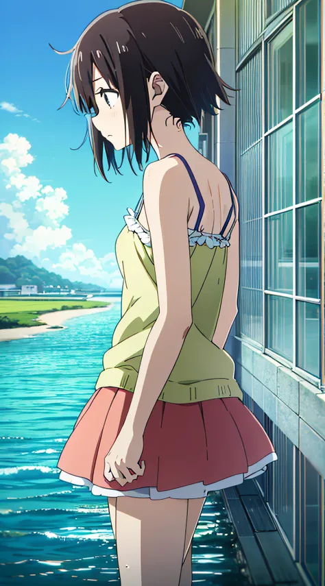 (anime, anime art style:1.2) yuyushiki, young girl, 13 years old, sweaty, camisole, seaside, sunshine, (looking away:1.5),blue s...