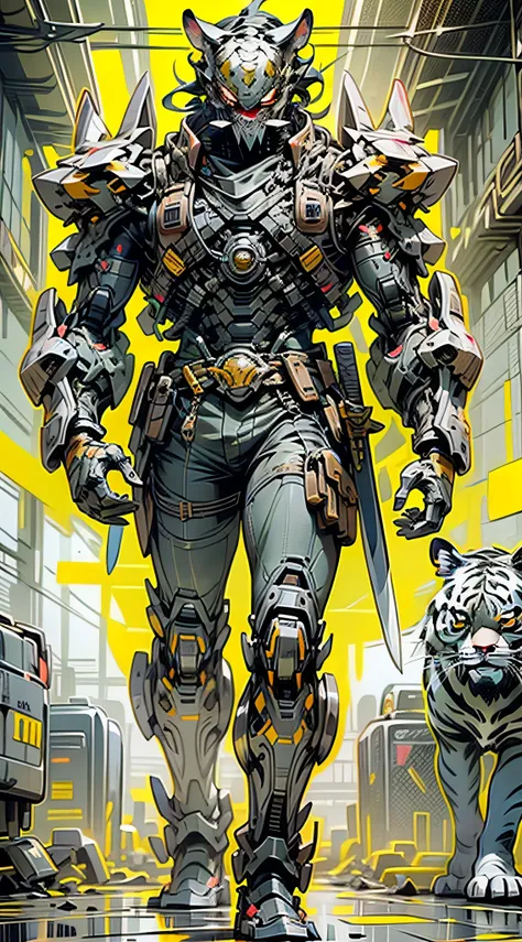 (Masterpiece) A man in antique armor and a tiger mask with a weapon walking down the street, costumed warrior, weapon in hand, cyberpunk style color scheme, ((intricate details, super detailed)) 8K.