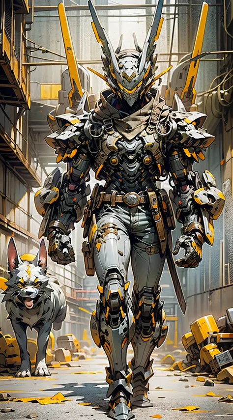 (Masterpiece) A man in antique armor and a dogs head mask holding a weapon walks down the street, costumed warrior, weapon in hand, cyberpunk style color scheme, ((intricate detail, super detailed)) 8K.