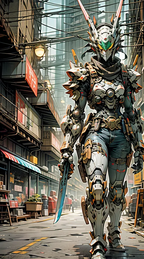 (Masterpiece) A man in antique armor and a snake head mask holding a weapon walks down the street, costumed warrior, weapon in hand, cyberpunk style color scheme, ((intricate details, super detailed)) 8K.