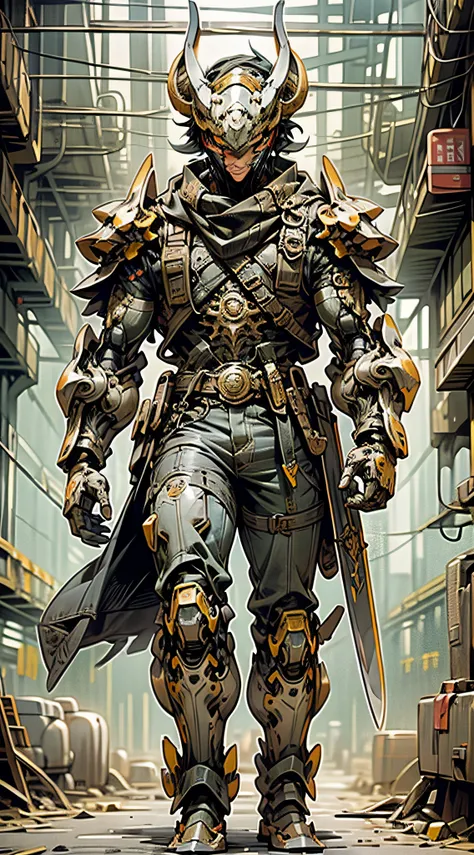 (Masterpiece) A man in antique armor and a sheeps head mask holding a weapon walks down the street, a costumed warrior, a weapon in hand, a cyberpunk style color scheme, ((intricate details, super detailed)) 8K.