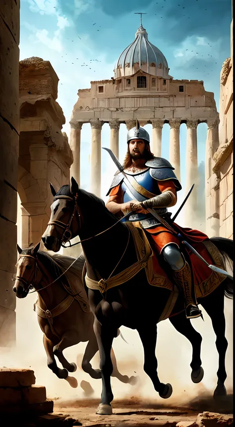 (masterpiece, best quality, high resolution:1.2), King Alaric I, (majestic Visigoth attire:1.2), crown upon his head, leading his valiant troops, fierce warriors, charging into battle, ancient city of Rome in the 5th century, grand architectural backdrop, ...