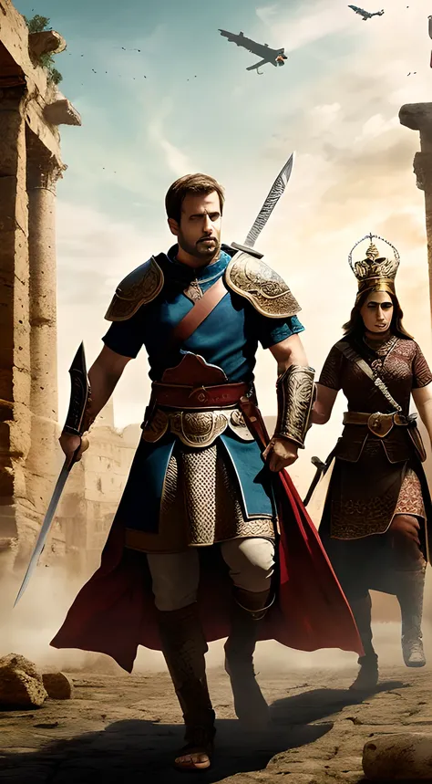 (masterpiece, best quality, high resolution:1.2), King Alaric I, (majestic Visigoth attire:1.2), crown upon his head, leading his valiant troops, fierce warriors, charging into battle, ancient city of Rome in the 5th century, grand architectural backdrop, ...