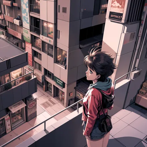 Mature-looking anime girl wearing a red jacket watching the landscape from the balcony of an apartment overlooking the city at night, image with third-person perspective, 3 0 4 0 x 1 4 4 0 detailed pixel art, 3 0 4 0 x 1 4 4 0, 32-bit pixel art, vibrant p...