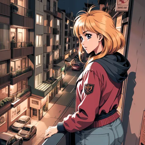 Mature-looking anime girl wearing a red jacket watching the landscape from the balcony of an apartment overlooking the city at night, image with third-person perspective, 3 0 4 0 x 1 4 4 0 detailed pixel art, 3 0 4 0 x 1 4 4 0, 32-bit pixel art, vibrant p...