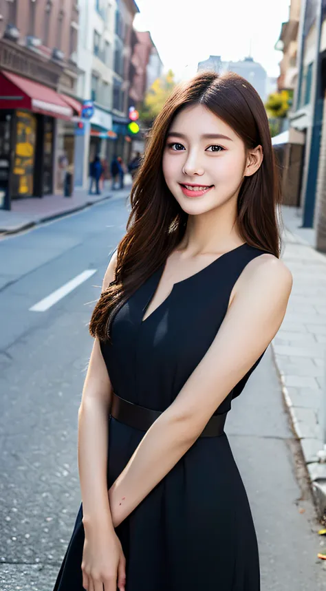 ((best quality, 8k, masterpiece :1.3)), 1girl, smiling, full body, slim face, pretty woman, (dark brown hair), full length dress...