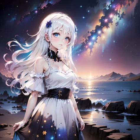 white-haired girl in blue dress standing by the sea with a starry sky