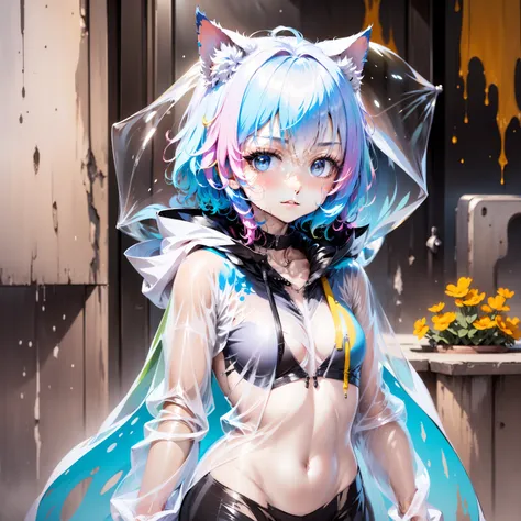 Blue-haired girl in transparent raincoat Animal ears on her raincoat