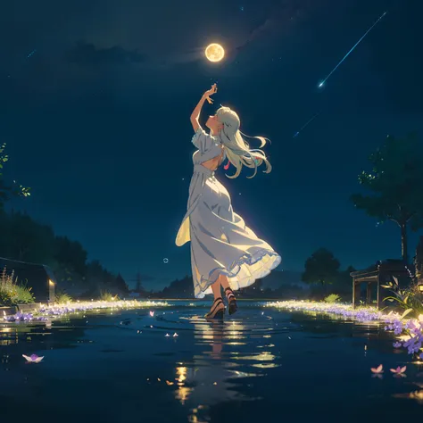 Open landscape , Landscape , Panoramic shot , (Looking up and down) , Girl in flower garden looking up , (Full moon: 1. 2) , (Shooting star: 0. 9) , (Nebula: 1. 3) , Starry sky , White flower garden , Shining flower garden , Fantastic flower garden , Trees...