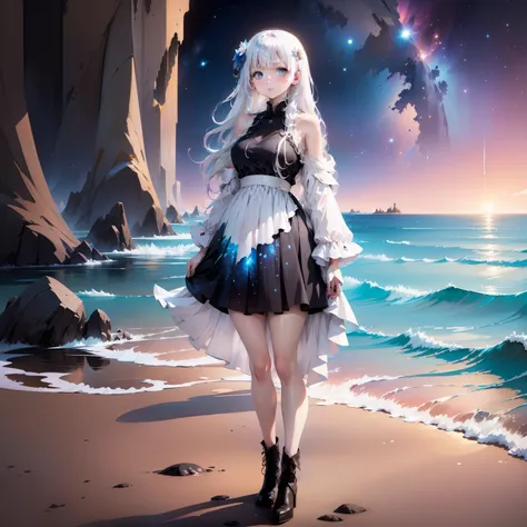 white-haired girl in blue dress standing by the sea with a starry sky