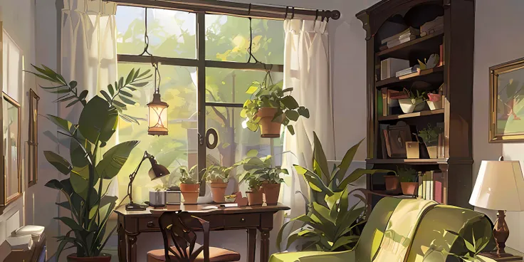 living room, sofa, window, curtains, dappled sunlight, potted plant, table, cabinet, bookshelf, paper, lamp, typewriter, garden