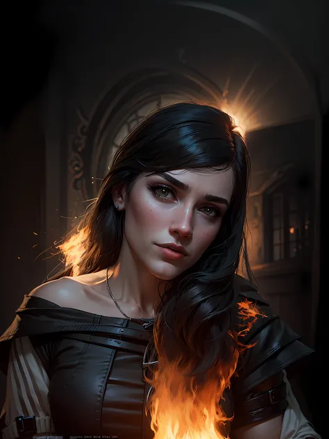 an ultra-realistic woman, witcher3, yennefer witcher3 style outfit, with fire out of her hands in the style of y3nn3f3r