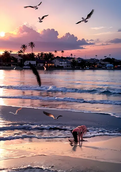 An absolutely mesmerizing sunset on the beach, with a mix of orange, pink, and yellow in the sky. The water is crystal clear, gently kisses the coast, and the white sand is endless. The scene is dynamic and breathtaking, with seagulls soaring high in the s...